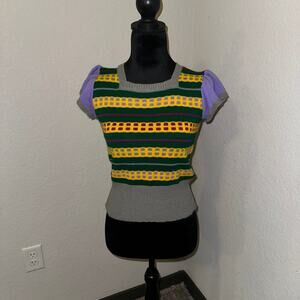 Vintage Risa Sweater Vest Lavender Green Gray Striped Ruffle Sleeves Women's M